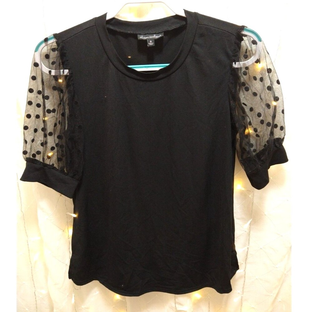 ALISON ANDREWS WOMENS SMALL BLACK SHIRT POLKA DOT MESH PUFF SHORT SLEEVE CASUAL